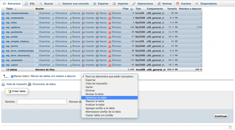 optimizar base de datos phpmyadmin