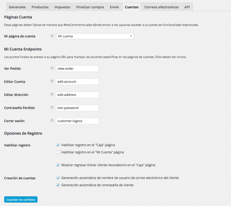 ajustes woocommerce cuentas