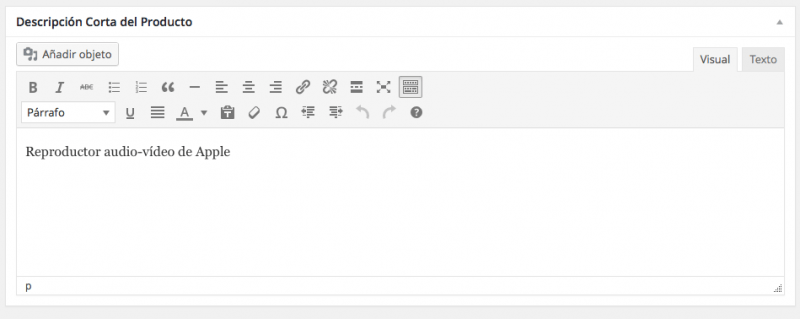 descripción corta producto woocommerce