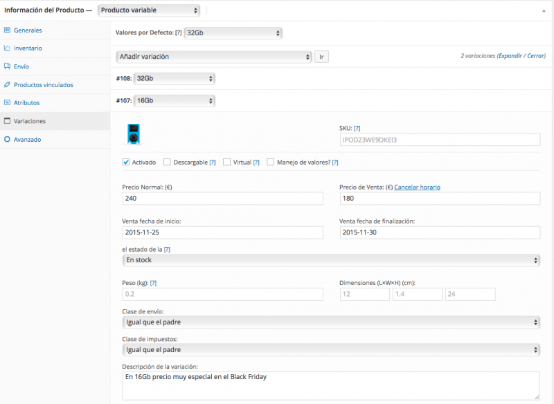 informacion producto variable woocommerce 3