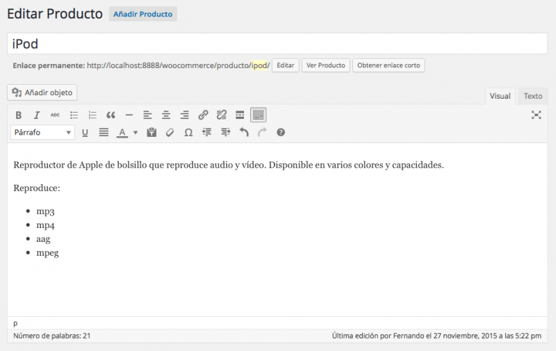 titulo y descripción producto woocommerce